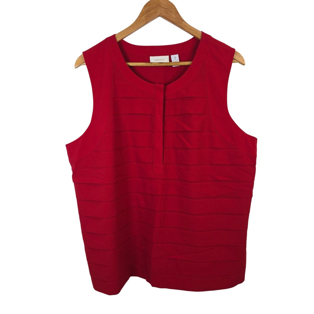 Chicos Red Sleeveless Tiered Pleated Front Blouse Top Size 3 XL Hidden Placket